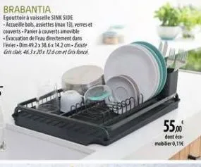 brabantia  egouttoir à vaisselle sink side -accueille bols, assiettes (max 13), verres et couverts-panierà couverts amovible evacuation de l'eau directement dans l'evier-dim 49.2 x 38.6x 14.2 cm-exist