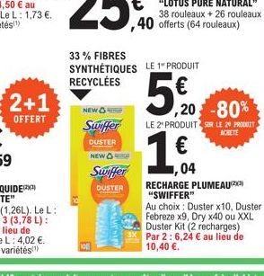 2+1  OFFERT  10  NEW  Swiffer  DUSTER NEW Ⓒ  Swiffer  DUSTER  10  33% FIBRES SYNTHÉTIQUES LE 1" PRODUIT RECYCLÉES  €  5% 0  ,40 offerts (64 rouleaux)  ,20-80%  LE 2º PRODUIT SUR LE 20 PRODUIT ACHETE  