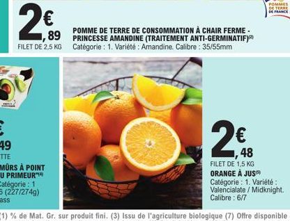 2€  POMME DE TERRE DE CONSOMMATION À CHAIR FERME ,89 PRINCESSE AMANDINE (TRAITEMENT ANTI-GERMINATIF))  FILET DE 2,5 KG Catégorie : 1. Variété : Amandine. Calibre: 35/55mm  POMMES  DE TERRE  DE FRANCE 