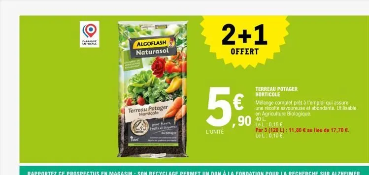 fabrique en france  ww  algoflash naturasol  terreau potager horticole  takod  pour fleurs, fruits et légum potager  2+1  offert  5€  l'unité  terreau potager horticole  mélange complet prêt à l'emplo