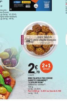 NOUVEAU  mini falafels ad pois chiche français  20  70  L'UNITE  MINI FALAFELS POIS CHICHE  CAROTTE CORIANDRE  "L'ATELIER BLINI"  2+1  OFFERT  Differentes variét 120 g  Le kg 22,50 €  Par 3 (360 g): 5