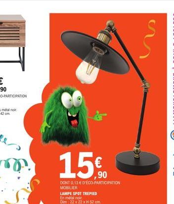 15€  DONT 0,13 € D'ÉCO-PARTICIPATION MOBILIER LAMPE SPOT TREPIED En métal noir Dim: 22 x 22 x H 52 cm. 