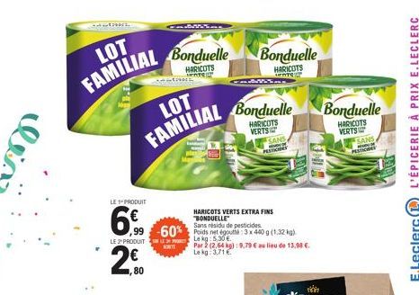 oczy  LOT FAMILIAL  PRODUIT  6%  LOT  FAMILIAL Bonduelle  HARICOTS VERTS  LE PRODUIT  2.€0  ,80  ,99 -60%  KORTE  Bonduelle Bonduelle  HARICOTS WATE TAKE  HARICOTS UFATE  HARICOTS VERTS EXTRA FINS "BO