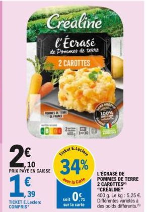 2€  2010  1€  ,39  PRIX PAYÉ EN CAISSE  TICKET E.Leclerc COMPRIS  Creatine  l'Écrasé  de Pommes de terre 2 CAROTTES  POWMES DE TERRE FRANCE  34%  la Carte  avec  0,1  soit  sur la carte  ADDET  100% D