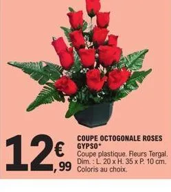 12€  coupe octogonale roses gypso*  coupe plastique. fleurs tergal. dim.: l. 20 x h. 35 x p. 10 cm.  99 coloris au choix. 