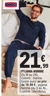 DODO  PYJAMA HOMME Du M au 2XL. Coloris : marine. Existe aussi au prix de 18,99 €: pyjama femme (du S au XL, coloris: bleu/ecru). 