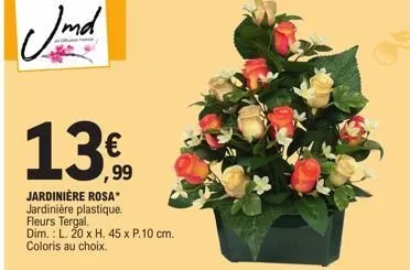 imd  1.390  jardinière rosa* jardinière plastique. fleurs tergal. dim.: l. 20 x h. 45 x p.10 cm. coloris au choix.  