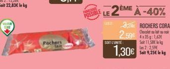 VARUR SURE  Pochers  lait  PANACHAGE  2ÈME  SOIT L'UNITÉ  -40%  324 ROCHERS CORA  Chocolat au lait au noir  2.596 4x35:1,62€  Seit 11,58€ lekg Les  1,30€ Salt 9,25€ le kg 