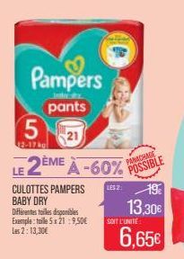 Pampers  TOMER  pants  5  12-17 kg  LE 2ÈME À -60%  CULOTTES PAMPERS BABY DRY  Differentes tailles disponibles Exemple: toile 5x21:9,50€ Les 2:13,30€  LES 2  PARACHAGE POSSIBLE  19€  13,30€  SOIT L'UN