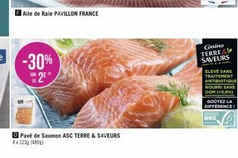 Aile de Raie PAVILLON FRANCE  D Pavé de Saumon ASC TERRE & SAVEURS 4120g (480)  Gasino TERRE& SAVEURS ELEVE SANS TRAITEMENT ANTIBIOTIQUE NOURRI SANS OGM (0,9%) GOÛTEZ LA DIFFERENCE!  asc 