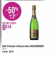 -50% 2E  SOIT PAR 2 L'UNITÉ:  6€14  AOC Crémant d'Alsace Brut WOLFBERGER 75 di  L'unité: BE19 