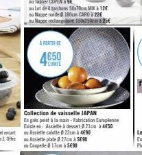 ou Lot de 4 torchons 50x70cm MXà 12€  ou Nappe ronde 180cm CARD à 22€  ou Nappe rectangulaire 150x250cm à 25€  À PARTIR DE  4650  CUMITE  Collection de vaisselle JAPAN  En grès peint à la main - Fabri