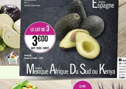 fruits secutors de france  le lot de 3  3€00  soit 1600 l'unité  avocat  vendu à l'unité: 129  mexique afrique du sud ou kenya  le pot  origine  lspagne 