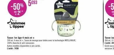 -50% 2  fi tommee tippee  autres modèles disponibles à prix variés.  l'unité : 7€90  pp superstar  sale 99  tasse 1er âge 4 mois et +  190 mil. 4 mois et + tasse de sevrage pour bébés avec la technolo