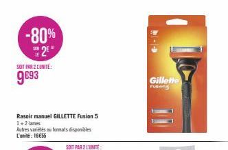 -80% 2E"  SOIT PAR 2 L'UNITE:  9€93  Rasoir manuel GILLETTE Fusion 5 1+2 lames  Autres variétés ou formats disponibles L'unité : 16€55  SOIT PAR 2 LUNITE:  Gillette rusing 