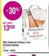-30%"  soit l'unité  13005  3l l'unité: 18€65  aoc cabernet d'anjou rosé plessis-duval  plessis-duval  cabernet d'amou 