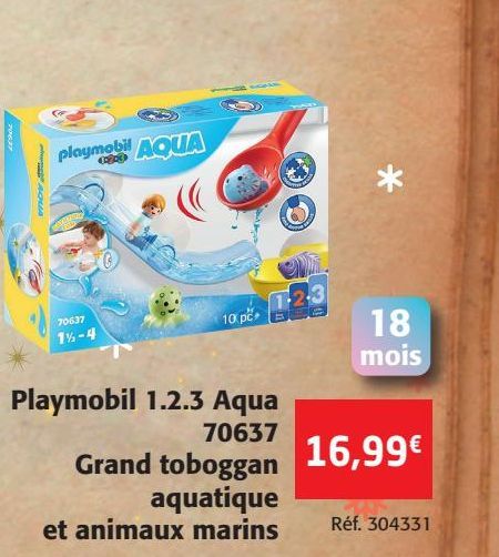Playmobil 1.2.3 Aqua 70637 Grand tobogan aquatique et animaux marins