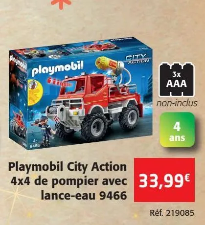playmobil city action 4x4 de pompier avec lance eau 9466