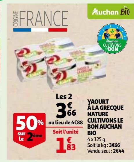 YAOURT À LA GRECQUE NATURE CULTIVONS LE BON AUCHAN BIO