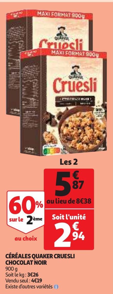 CÉRÉALES QUAKER CRUESLI CHOCOLAT NOIR