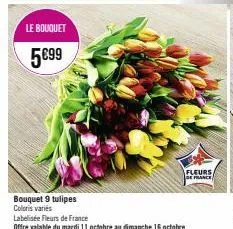 le bouquet  5€99  bouquet 9 tulipes coloris variés  labelisée fleurs de france  offre valable du mardi 11 octobre au dimanche 16 octobre  fleurs de france 