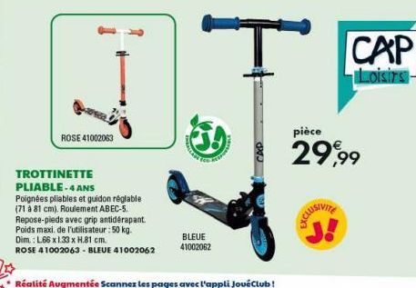 ROSE 41002063  TROTTINETTE PLIABLE-4 ANS Poignées pliables et guidon réglable (71 à 81 cm). Roulement ABEC-5. Repose-pieds avec grip antidérapant. Poids maxi, de l'utilisateur : 50 kg.  Dim.: L66 x 1.