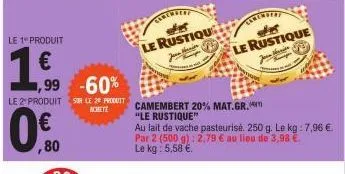 le 1º produit  € ,99 -60%  le 2º produit sur le 20 produit  achete  0.00  ,80  le rustiqu  camembert 20% mat.gr.  "le rustique"  au lait de vache pasteurisé. 250 g. le kg: 7,96 € par 2 (500 g): 2,79 €
