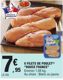 VOLAILLE FRANÇAISE  7 €  LE KG  € 6 FILETS DE POULET  "DOUCE FRANCE"  ,95 Environ 1,08 kg. 