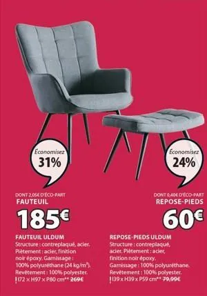 economisez  31%  dont 2,05€ d'éco-part fauteuil  185€  fauteuil uldum structure: contreplaqué, acier. piètement: acier, finition noir époxy. garnissage: 100% polyuréthane (24 kg/m³), revêtement: 100% 