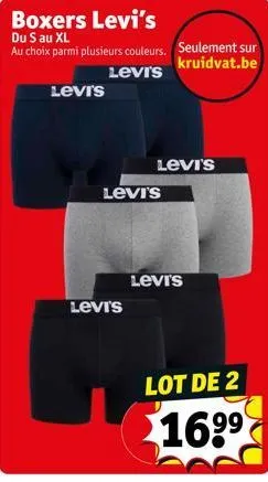 boxers levi's  du s au xl au choix parmi plusieurs couleurs.  levi's  levi's  levi's  levi's  seulement sur kruidvat.be  levi's  levi's  lot de 2  16⁹⁹  