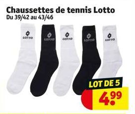 Chaussettes de tennis Lotto Du 39/42 au 43/46  LOTTO  LOTTO  LOTTO  LOTTO LOTTO  LOT DE 5  4.⁹⁹ 