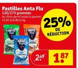 Pastilles Anta Flu 120/275 grammes Au choix parmi toute la gamme. 15.83 €/6.80 €/kg.  ANTA FLU  EUCALY MENTH  ANTA  FLU  MINT MENTHOL  ANTA FLU  LASSIC  25%  DE  RÉDUCTION  24⁹ 187 