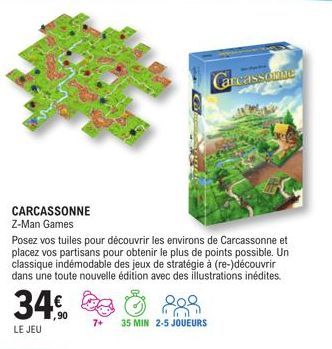 CARCASSONNE Z-Man Games  Posez vos tuiles pour découvrir les environs de Carcassonne et placez vos partisans pour obtenir le plus de points possible. Un classique indémodable des jeux de stratégie à (