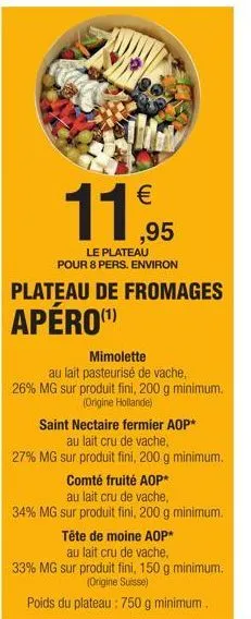 €  11,95  le plateau  pour 8 pers. environ  mimolette  au lait pasteurisé de vache, 26% mg sur produit fini, 200 g minimum. (origine hollande)  saint nectaire fermier aop*  au lait cru de vache,  27% 