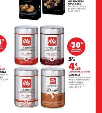 illy  CLASSICO  illy blend  illy  CLASSICO  illy blend  illy  INTENSO  illy blere  illy  ARABICA SELECTION  Brasile  BOHNEN CAFE IN G  TR  S  -30%  DE REMISE IMMEDIATE  5. 4,19  LE PRODUIT AU CHOIX  C