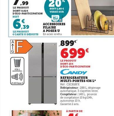 436 L  SOIT  6,39  LE PRODUIT <CARTE U DÉDUITS  41dB Classe C  20%  SOIT 1,60 € VERSÉ SUR  ACCESSOIRES FILAIRE  A POSER U En acier revêtu  899€  699€  LE PRODUIT DONT 23€ D'ÉCO-PARTICIPATION  CANDY  R