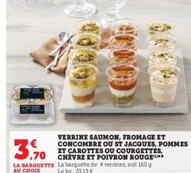 VERRINE SAUMON, FROMAGE ET CONCOMBRE OU ST JACQUES, POMMES ET CAROTTES OU COURGETTES, 70 CHEVRE ET POIVRON ROUGE LA BARQUETTE La barquette de 4 verrines, soit 160 g Lekg: 25,13 €  AU CHOIX 