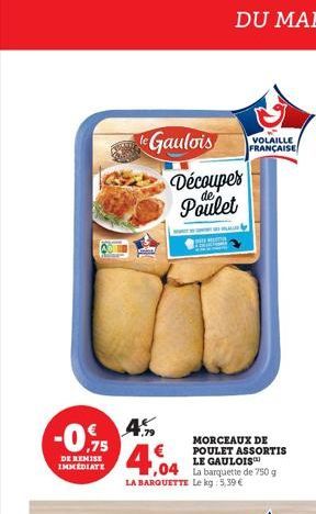 le Gaulois  -0.75 4,04  4% €  DE REMISE IMMEDIATE  Découper Poulet  MALUS  F,04 La  La  LA BARQUETTE Le kg : 5,39 €  MORCEAUX DE POULET ASSORTIS LE GAULOIS™ barquette de 750 g  VOLAILLE FRANÇAISE  