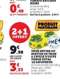 2+1  OFFERT  9.98  LES 3 LOTS AU CHOIX SOIT  HEINZ  Le flacon de 460 g  0,49  Le kg: 3,37 €  Le kg des 2:2,22 €  LE 2E PRODUIT Soit les 2 produits: 2,04 €  PRODUIT PARTENAIRE  THON ENTIER OU MIETTES D