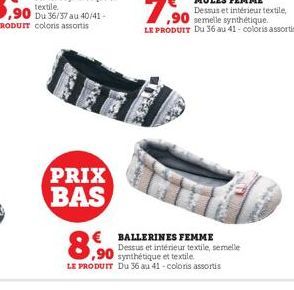 PRIX BAS  BALLERINES FEMME  Dessus et intérieur textile, semelle synthétique et textile  ,90  LE PRODUIT Du 36 au 41-coloris assortis 