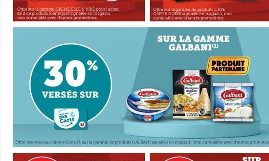 Offre sur la gamme CREME ELLE & VIRE pour l'achat de 2 de produits identiques signalée en magasin. non cumulable avec d'autres promotions  30%  VERSÉS SUR  ma Carte  Offre réservée aux clients Carte U