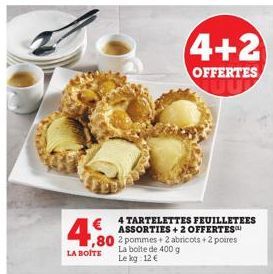 4,80  LA BOITE  4 TARTELETTES FEUILLETEES ASSORTIES + 2 OFFERTES ,80 2 pommes + 2 abricots + 2 poires La boite de 400 g Le kg: 12 €  4+2  OFFERTES 