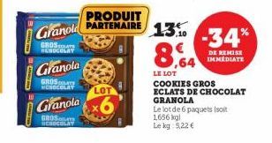 Ayy  Granold  GROS CHOCOLAT  Granola  GROS MCHOCOLAY  Granola  GROS  MCHOCOLAT  PRODUIT PARTENAIRE  -34%  DE REMISE IMMEDIATE  64  LE LOT COOKIES GROS  ECLATS DE CHOCOLAT  GRANOLA  Le lot de 6 paquets