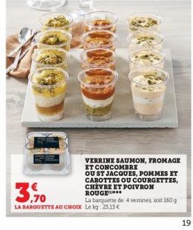 VERRINE SAUMON, FROMAGE ET CONCOMBRE  OU ST JACQUES, POMMES ET CAROTTES OU COURGETTES, CHEVRE ET POIVRON ROUGE  3,70  LA BARQUETTE AU CHOIX Le kg 23,13 €  La barquette de 4 verrines, soit 160 g  19 