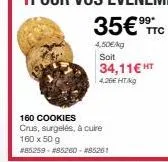 160 cookies crus, surgelés, à cuire 160 x 50 g  #85259- #85260 - #85261  35€ ttc  4,50€/kg  soit 34,11€ ht  4,26€ ht/kg 