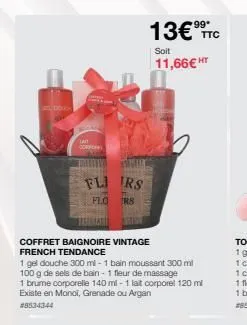 lai coffr  fli irs  c  flors  coffret baignoire vintage french tendance  1 gel douche 300 ml - 1 bain moussant 300 ml 100 g de sels de bain-1 fleur de massage  1 brume corporelle 140 ml-1 lait corpore