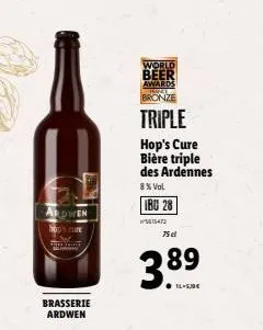 ardwen  hoph cure  brasserie ardwen  world  beer  awards bronze  triple  hop's cure bière triple des ardennes  8% vol  ibu 28  5615472  75 cl  3.89  