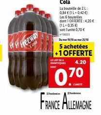 Freeway  Cola  Cola  La bouteille de 2 L: 0,84 € (1 L-0,42 €)  Les 6 bouteilles  dont 1 OFFERTE: 4,20 € (1L=0,35 €)  soit l'unité 0,70 € 138233  bhumet 160/10 Rufimat 25/10  5 achetées +1 OFFERTE IDEN