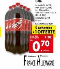 freeway  cola  cola  la bouteille de 2 l: 0,84 € (1 l-0,42 €)  les 6 bouteilles  dont 1 offerte: 4,20 € (1l=0,35 €)  soit l'unité 0,70 € 138233  bhumet 160/10 rufimat 25/10  5 achetées +1 offerte iden
