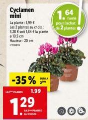 Cyclamen mini  La plante: 1,99 € Les 2 plantes au choix:  3,28 € soit 1,64 € la plante  10,5 cm Hauteur: 20 cm  -35%  LA PLANTE 1.99  7.29  SUR LA 2  LAD-PLANTE AU CHOC  1.64  pour l'achat de 2 plante